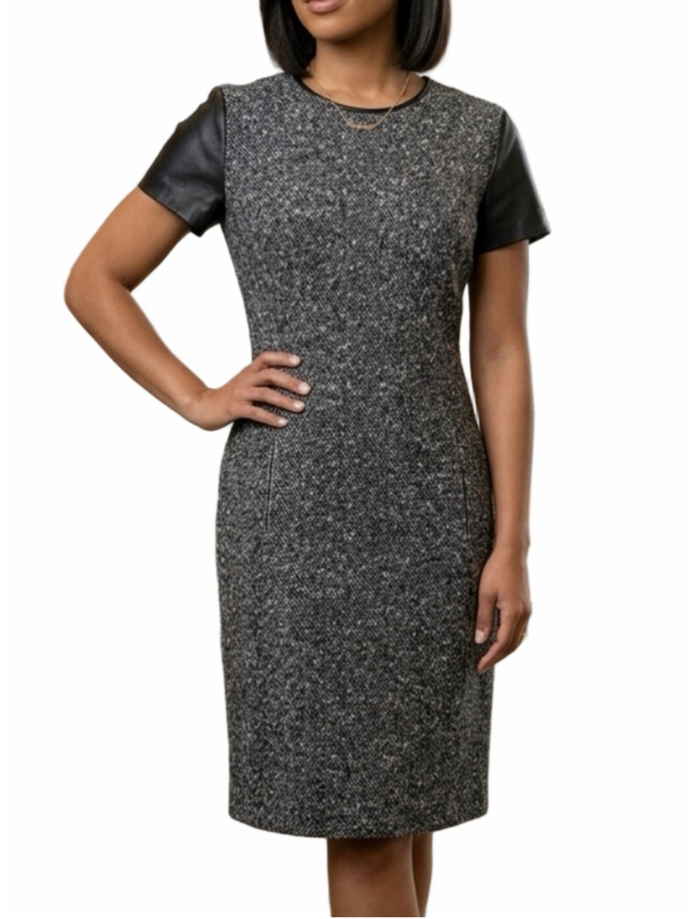Michael Kors Black and Gray Tweed Shift Dress with Faux Leather Sleeves Y2K 1994